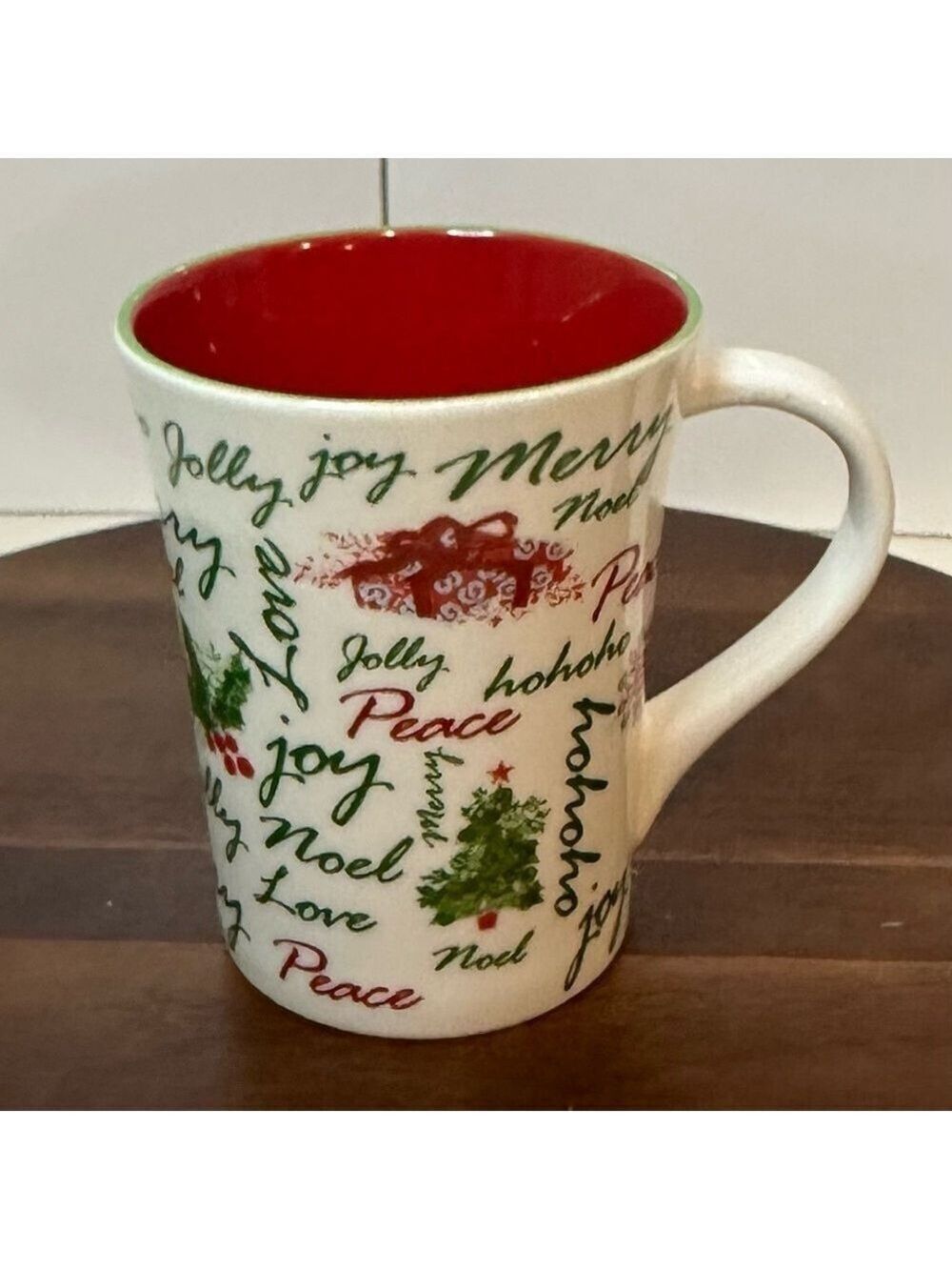 Starbucks 2007 Holiday Christmas Mug 12 oz Joy Peace Noel Red Interior Ceramic